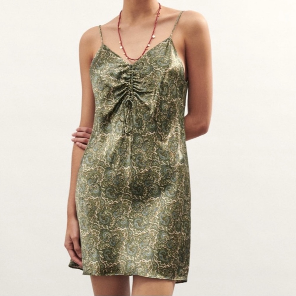 Zara Satin Paisley Slip Dress | Green Mini Dress | Adjustable Straps | Size M